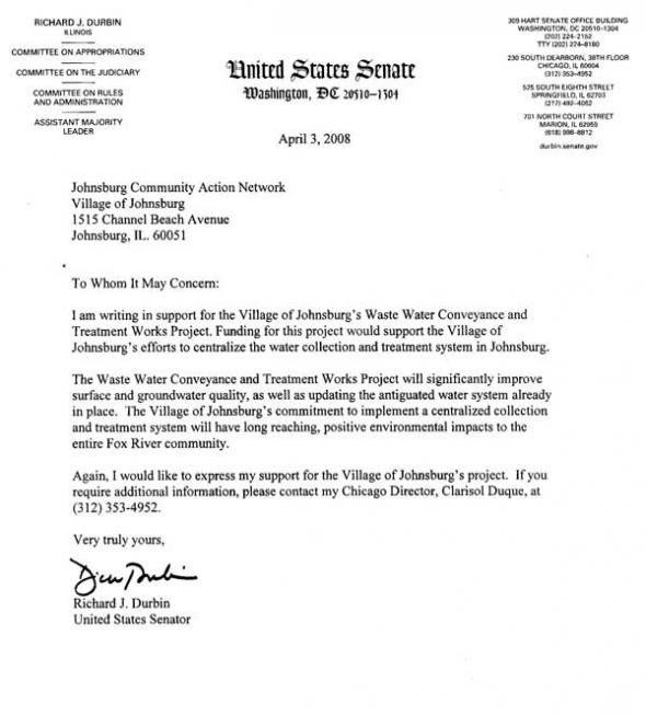 Dick Durbin, Illinois Senator Letter