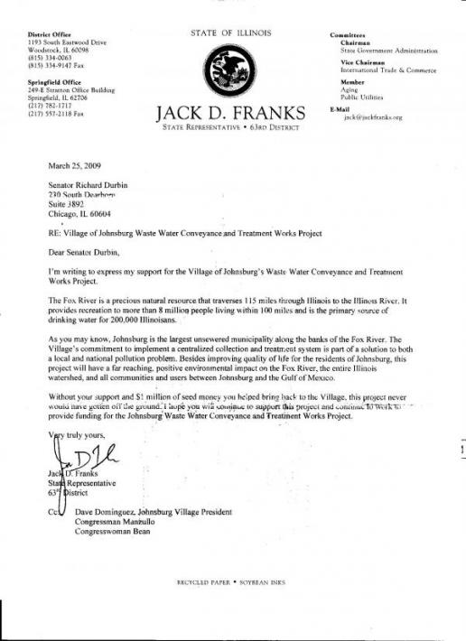 Rep. Jack Franks to Senator Durbin Letter