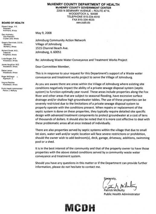 McHenry Co. Health Depart. Letter